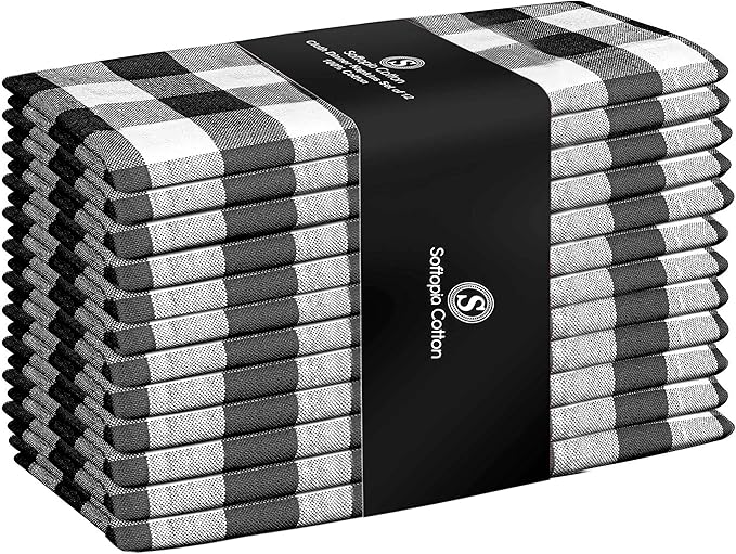 Napkins 100% Cotton Decorative Napkin Washable Gingham Buffalo Check Plaid Cloth Napkins Set of 12 for Home, Wedding, Restaurant, Buffet Party & Camping - Black White (18”X18”)