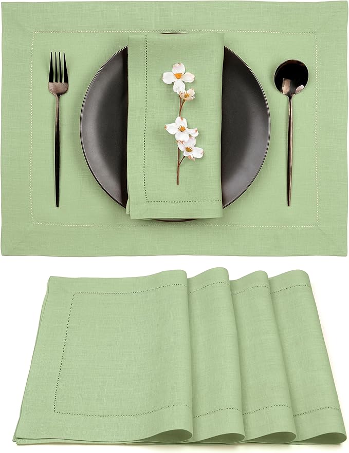D'Moksha Homes Sage Green Linen Cloth Placemats Set of 4-100% Pure Linen Hemstitch Placemats 14 x 19 Inch - Classic Hemstitch Table Place Mats for Mothers Day - Machine Washable