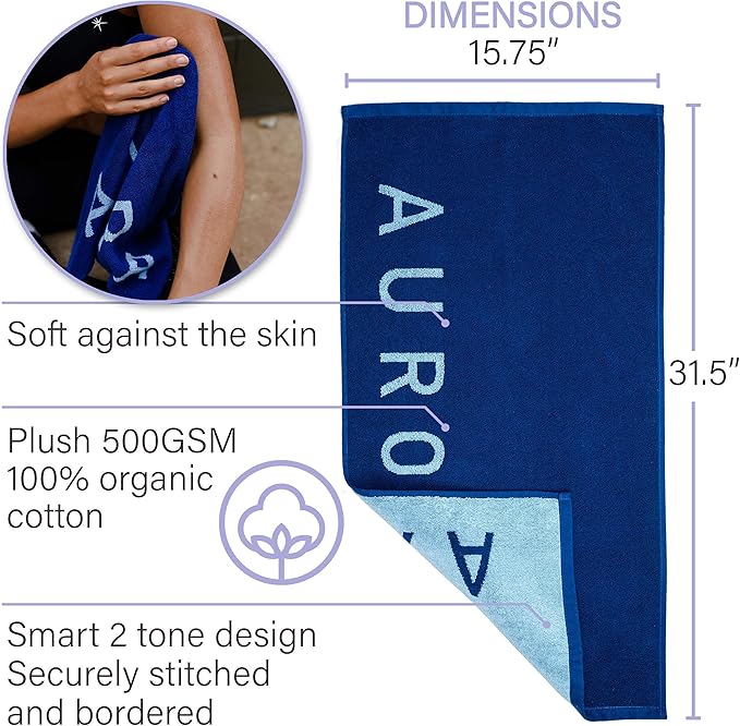 Blue Organic Cotton Gym Towel for Men and Women - Silver Infused Sweat Towels for Gym, 500 GSM, 31.5"x15.75" - Soft Absorbent Workout Towels for Yoga and Sports, Exercise Towel
