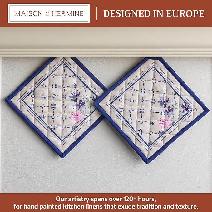 Maison d' Hermine Pot Holders 100% Cotton Heat Resistant Potholders 8" x 8" Hot Pads with Loop BBQ Cooking Baking Gifts for Mothers Day Handling Hot Pans Spring/Summer (Pack of 2, Faience)