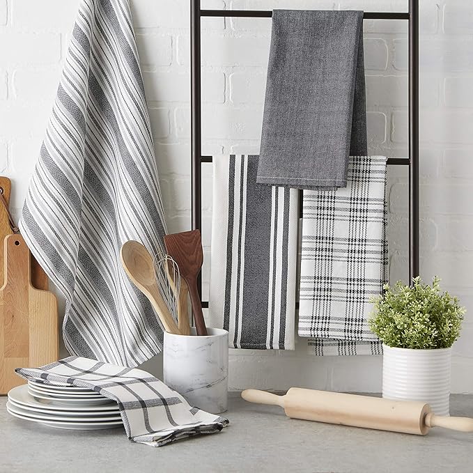 DII Assorted Woven, Kitchen Dishtowel Set, 18x28, Gray, 5 Piece