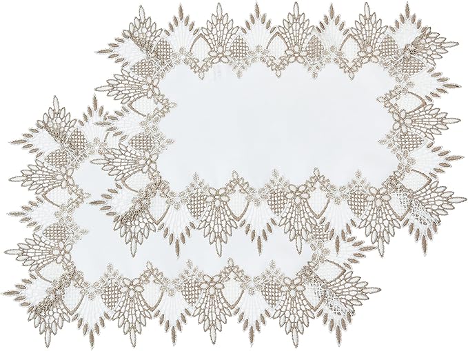 White Linen Placemats 14”x20” Set of 2, Neutral Earth Tones Beige Lace Coffee Table Topper Dresser Scarf Place Mats (Set of 2, White)