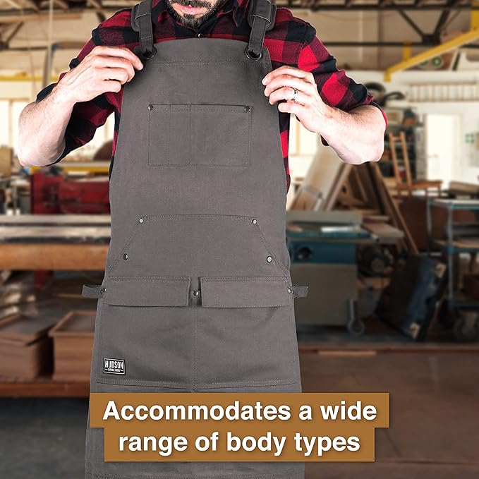 Hudson Durable Goods Woodworking Edition Waxed Canvas Tool Apron for Men and Women, Heavy Duty Work Apron with Front Pockets, Adjustable Padded Straps, Quick Release Buckle, Crossback - One Size, Grey