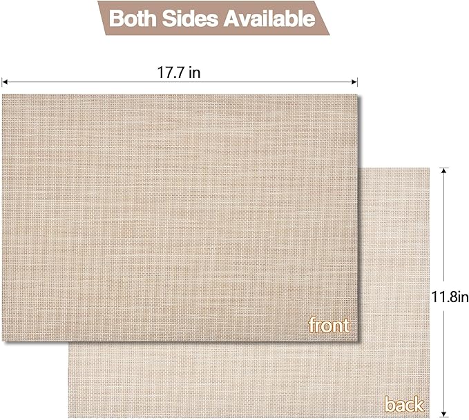 SLKQG Beige Placemats Set of 8 - Easy Clean Washable Vinyl Placemats - Wipeable Heat Resistant Table Mats for Dining Table - 17.7x11.8 Inch (8, Beige)
