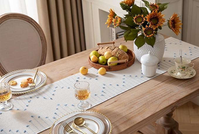 Boho Table Runner 13 x 72 Inch Long Natural Cotton Woven Runner with Tassels for Home Dining Table décor, for Modern Farmhouse Decor Coffee Table Runner, Light Blue and Beige