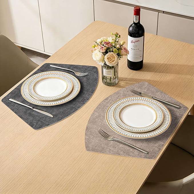 Round Table Placemats Set of 6, Dual-Sided Wedge Shape Faux Leather Table Mats, Washable Wipeable Heat Resistant Place Mats for Outdoor Indoor, Camel Gray