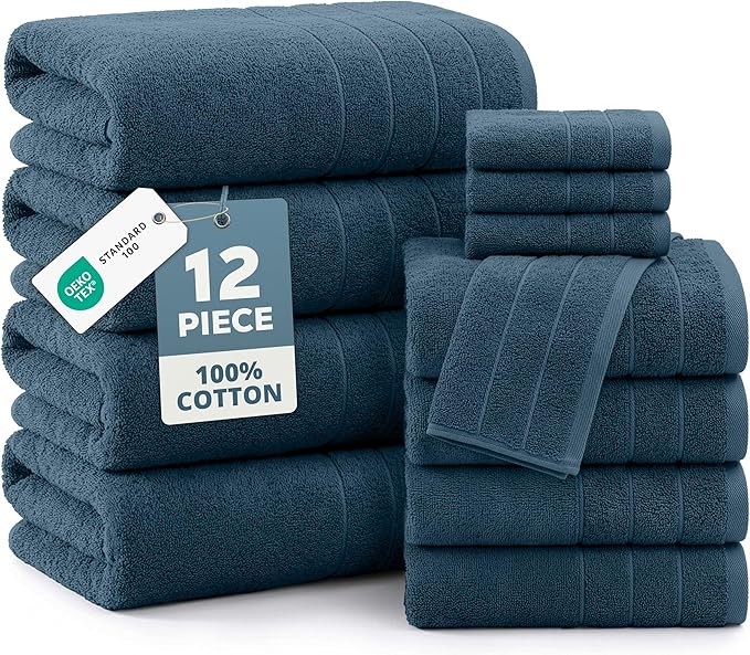 CASA PLATINO 100% Luxury Cotton Bathroom Towels Set - 12 Pc - Super Soft, Quick Dry & Highly Absorbent - 4 Bath, 4 Washcloth, 4 Hand Towels - Premium Hotel Quality, Ideal for Spa & Salons - Steel Blue