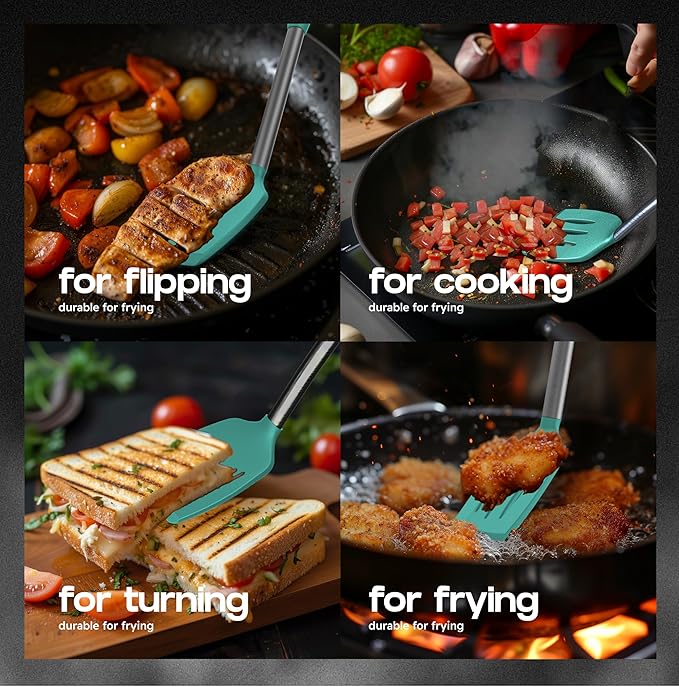 BakeRoyal Silicone Spatula Set - Turner Spatulas Silicone Heat Resistant 600°F - Slotted & Solid Spatula for Cooking Fish, Eggs, Pancakes Flipper – Spatulas for kitchen use – Turquoise