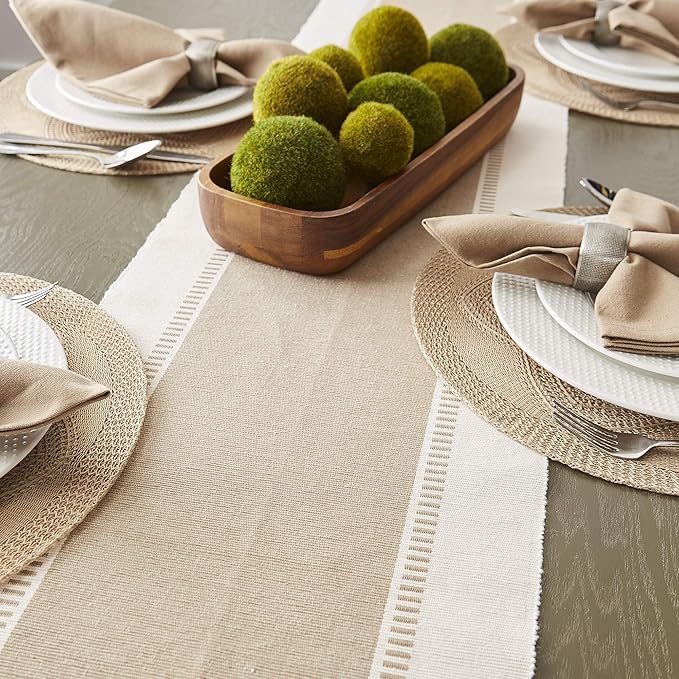 DII Dobby Stripe Woven Table Runner, 13x108 (13x113.5, Fringe Included), Stone
