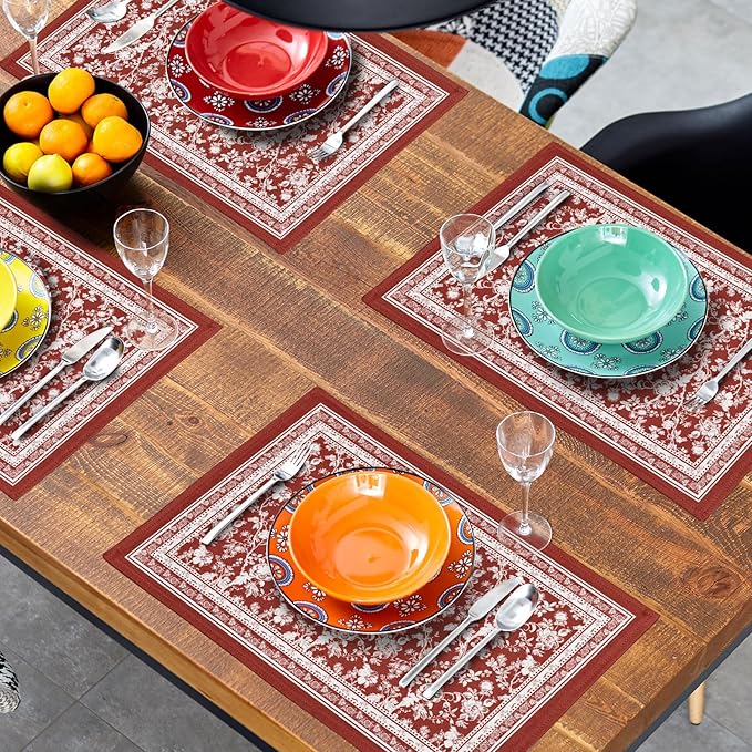 Red Placemats Set of 4，Vintage Chinoiserie Flower Branches Place Mats Heat Resistant Dining Table Mats 12 x 18 Inch Non-Slip Washable Desk Mats for Party Kitchen Dining Decoration