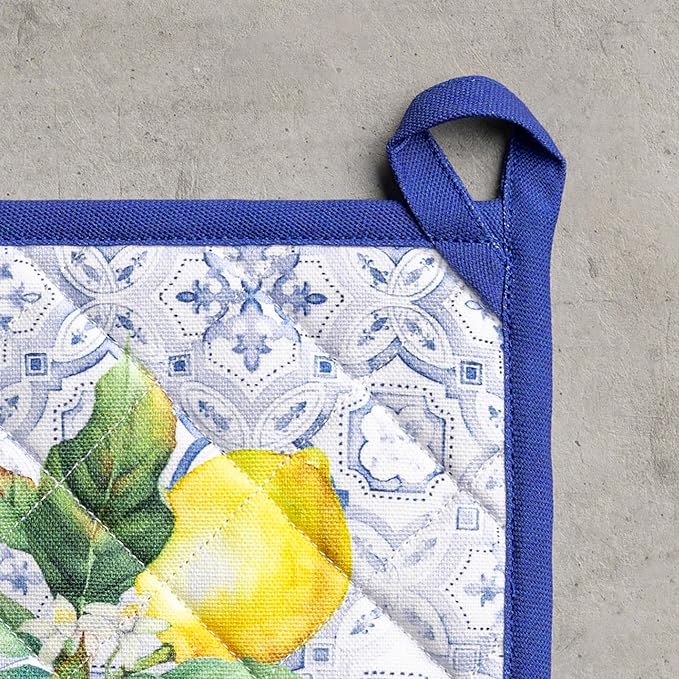 Maison d' Hermine Pot Holders 100% Cotton Heat Resistant Potholders 8" x 8" Hot Pads with Loop BBQ Cooking Baking Gifts for Mothers Day Handling Hot Pans Spring/Summer (Pack of 2, Citrus)