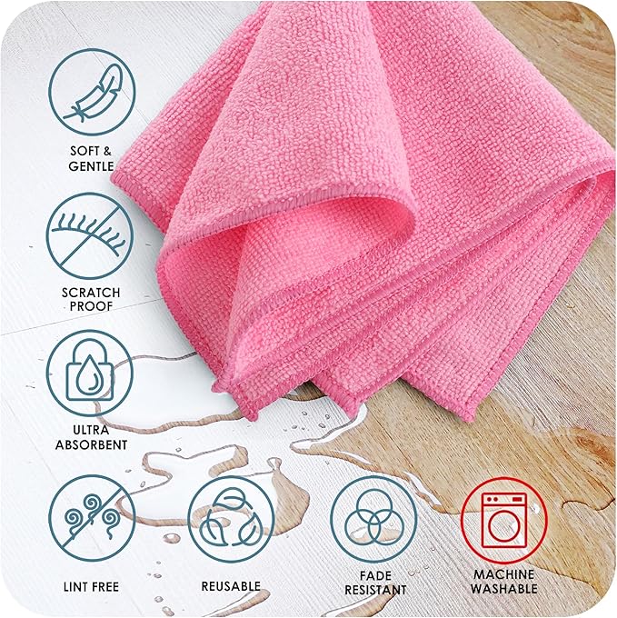 Hearth & Harbor Microfiber Cleaning Cloth Microfiber Towels for Cars 24 Pack Washcloths Pink Cleaning Rags Reusable Microfiber Towel Microfiber Cloth Rags Lint Free Cloth 12Inchesx12Inches