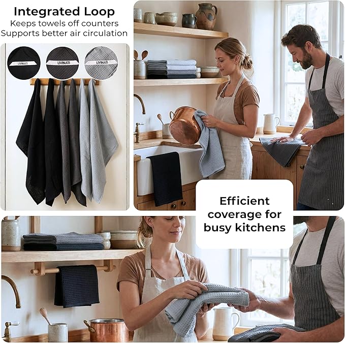 Highly Absorbent Cotton Dish Towels for Drying - Set of 2+2+2 - Light Gray + Dark Gray + Black Kitchen Towels - 18"X28" Lint Free Waffle Weave Cloth Linen Hand Bathroom Bulk Dishtowels