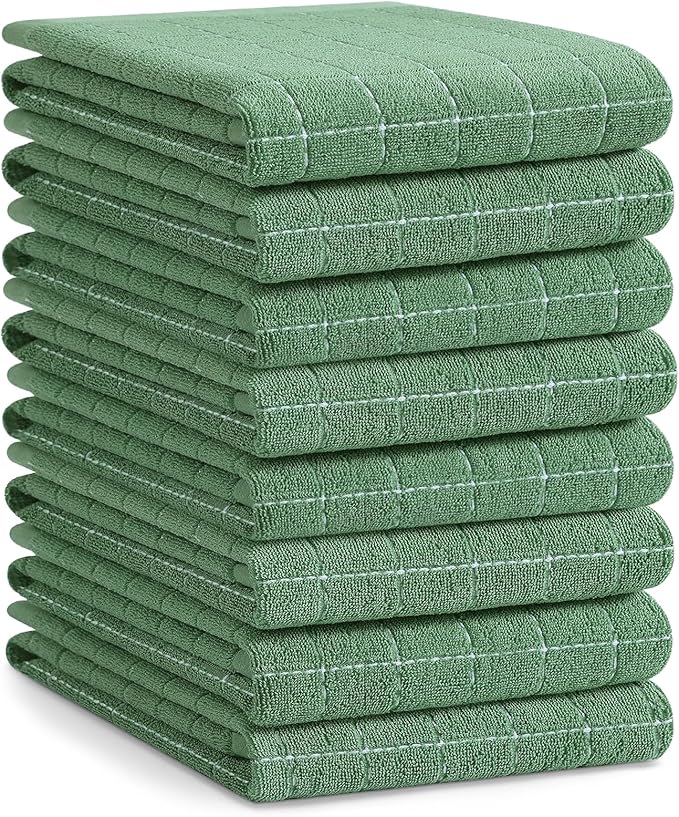 Homaxy 100% Cotton Terry Kitchen Towels(Grass Green, 20 x 28 inches), Checkered Designed, Soft and Super Absorbent Dish Towels, Large 8 Pack