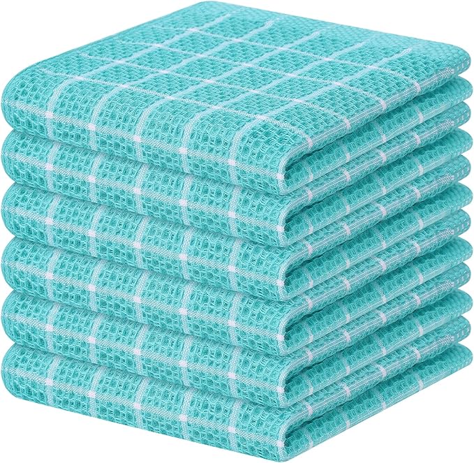 Homaxy 100% Cotton Dish Cloths, 6 Pack-12 X 12 Inches, Check Design Waffle Weave Dish Rags for Washing Dishes, Ultra Absorbent and Fast Drying Dishcloths, Aqua