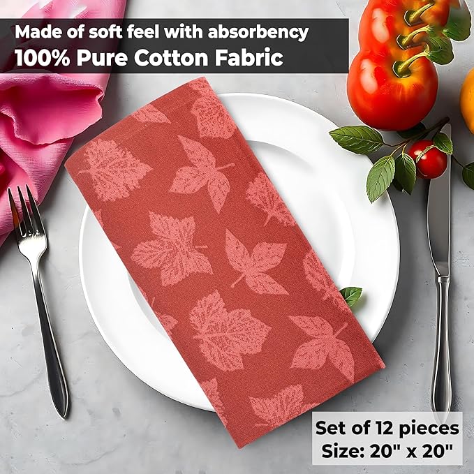 Urban Villa Cloth Napkins Set of 12 20x20 Inches 100% Cotton Napkins Cloth Washable Durable Reusable Absorbent Table Dinner Napkins Cloth for Thanksgiving Hotel Lunch Restaurant Parties – Brown Leaves