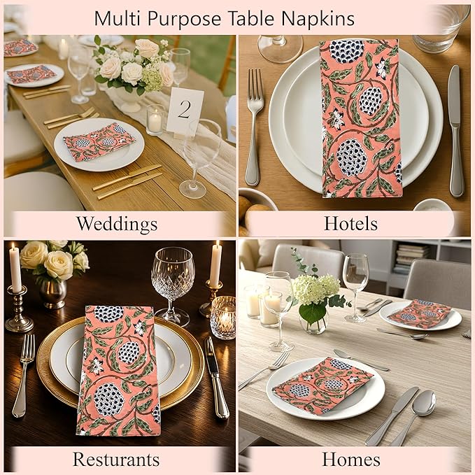 Ridhi Dark Salmon Hand Block Print 100% Cotton Napkins 18" x 18" (Set of 4) Reuseable Kitchen Napkins Cloth Decor Dinner Party Wedding Cocktail Gift for Spring, Easter, Valentine