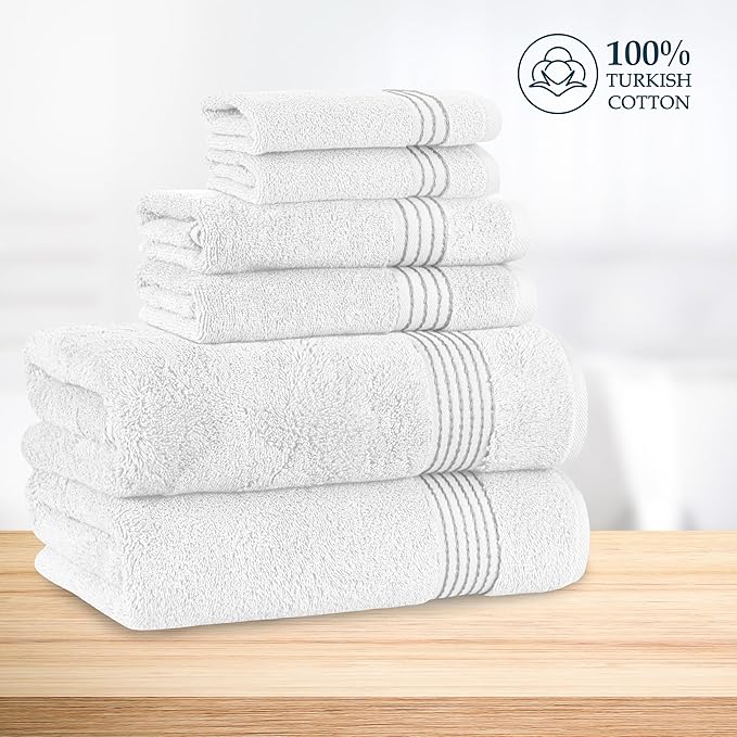 Mocassi Luxury 100% Turkish Cotton 6-Piece Towel Set - Ultra Soft, Quick Dry Highly Absorbent Premium Spa Hotel Quality Bath Towels, Includes 2 Bath Towels, 2 Hand Towels and 2 Washcloths, White/Gray