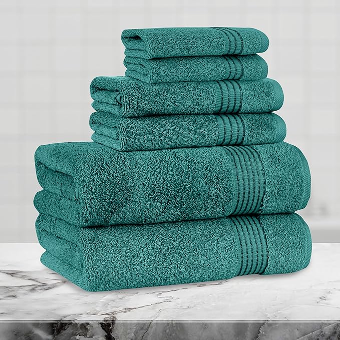 Mocassi Luxury 100% Turkish Cotton 6-Piece Towel Set - Ultra Soft, Quick Dry Highly Absorbent Premium Spa Hotel Quality Bath Towels, Includes 2 Bath Towels, 2 Hand Towels and 2 Washcloths, Turquoise