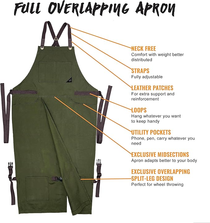 Under NY Sky Pottery Moss Green Apron – Full Coverage Cross-Back, Durable Twill, Leather Reinforcement and Overlapping Split-Leg, Adjustable for Men and Women – Pottery Artist, Mechanic, Tattoo Apron