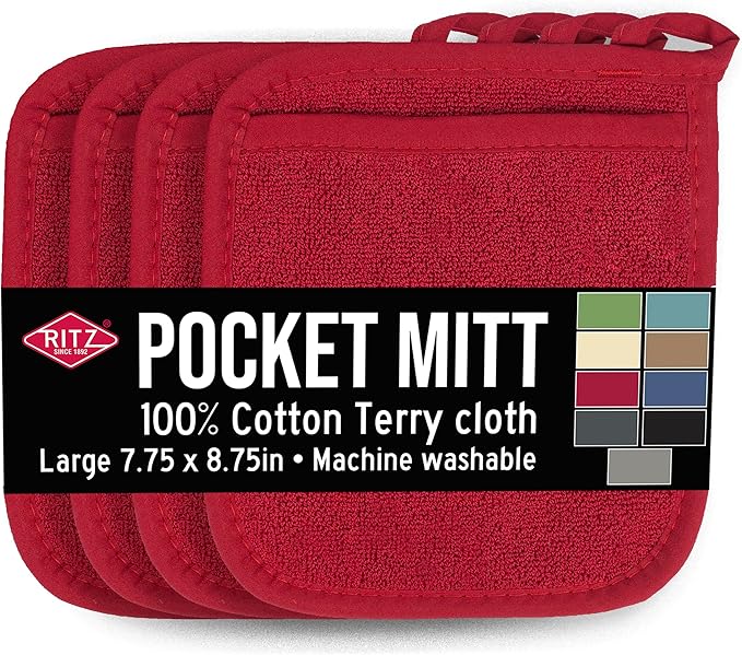 RITZ Terry Pocket Mitt & Hot Pad: Unparalleled Heat Resistant, Durable 100% Cotton – Ergonomically Designed for Optimal Grip – Easy-Care Machine Washable – 4-Pack, Paprika Red