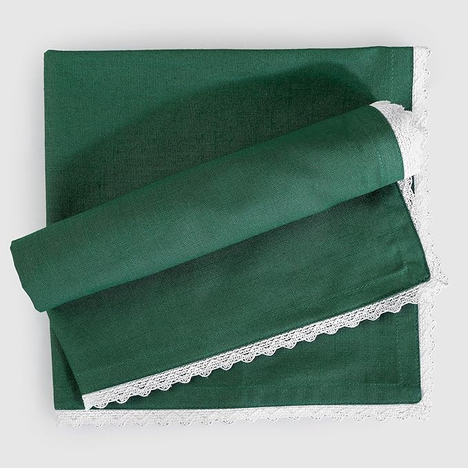 FINGERCRAFT Dinner Cloth Napkin Cotton Blend 4 Pack Vintage Rustic Premium Quality Mitered Corners Napkin Cloth with Elegant Lace for Everyday Use, Pre Shrunk and Good Absorbency 20x20 in Eden Green