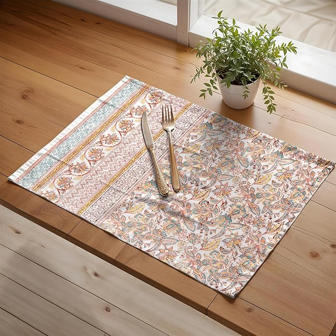 Maison d' Hermine Placemats Set of 4 100% Cotton Washable Cloth Place Mats, Reusable Table Mats for Thanksgiving Christmas Decorations Kitchen Dining Party Wedding Restaurant (Nila, 13" x 19")