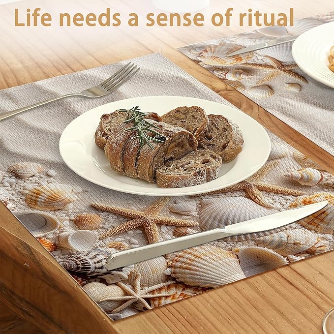 White Sand Placemats Set of 6,Starfish Seashells Waterproof Non-Slip Washable Table Mats for Kitchen Dining Holiday Party Wedding Decor 12x18 Inch