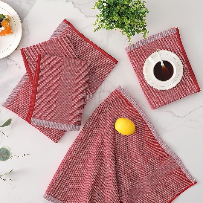 Mordimy Premium Kitchen Towels 6 Pack (18 x 28 Inches, Red), Large Cotton Kitchen Hand Towel, Flat & Terry Dish Towels for Drying Dishes, Super Absorbent Tea Dishtowels Set with Hanging Loop