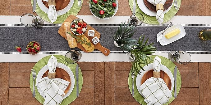 DII Dobby Stripe Woven Table Runner, 13x108 (13x113.5, Fringe Included), Black