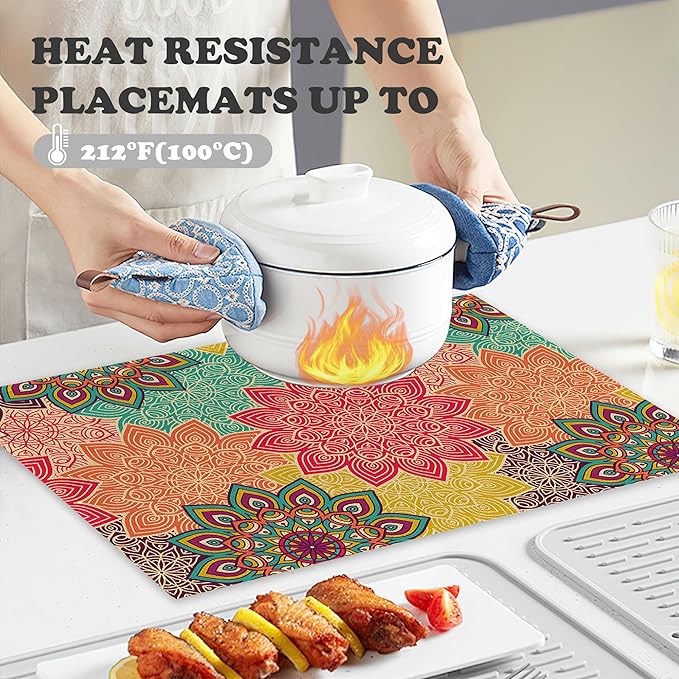 Boho Mandela Linen Placemats Set of 6,12x18 Inch Vintage Ethnic Floral Washable Table Mats Heat Resistant Place Mats for Home Party Kitchen Dining Decoration
