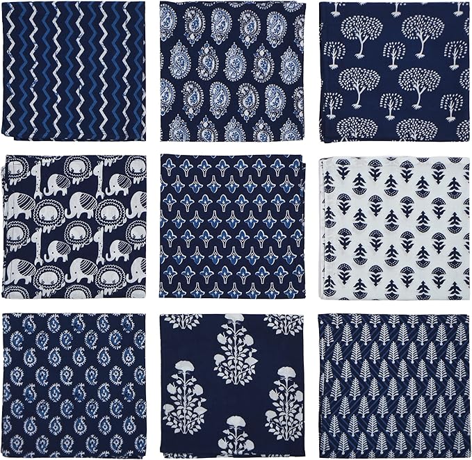 DIYANAIMPEX 10 Pc Cotton Cloth Napkins Hand Block Print Hand Made Size 16x16 Inch Printed Home Decor Indian Eco Friendly Mix Lot Dinner Napkins (Blue)