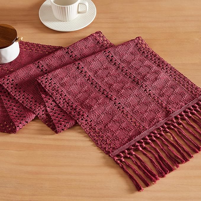 ZeeMart Macrame Style Boho Table Runner, Burgundy Red Table Runners 36 Inches Long, Farmhouse Woven Home Decor, 12x36 Inch, Burgundy