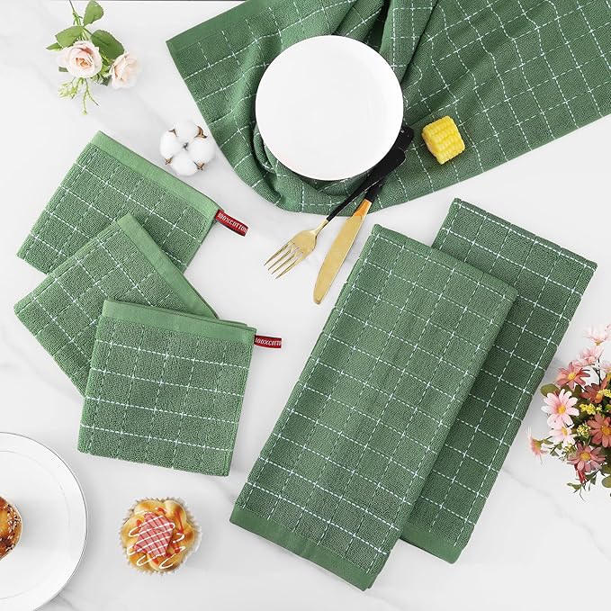 Homaxy Kitchen Towels and Dishcloths Set, 12 x 12 and 13 x 28 Inches, Set of 8 Bulk Cotton Terry Kitchen Towels Set, Checkered Designed, Soft and Super Absorbent Dish Towels, Grass Green