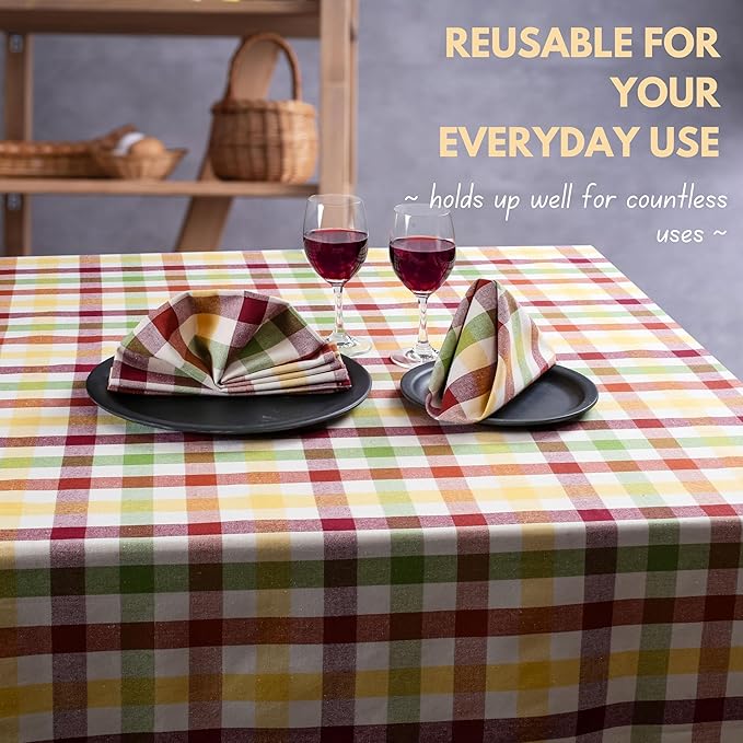 Native Fab Multi Check Cloth Napkins - Set of 12, 100% Cotton, 16x16 inch, Soft, Absorbent, Washable & Reusable Table Napkins for Dinner, Holiday, Farmhouse, Gift - Burgundy, Yellow, Rust, Green