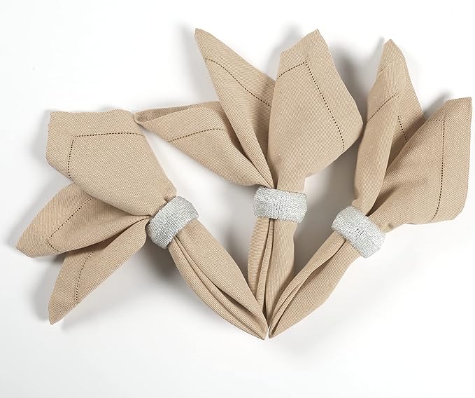 Fingercraft Cloth Napkins, Dual Color Hemstitched Design Dinner Napkins, Everyday Use,Premium Quality Cotton Napkins Perfect for Parties Dinners Weddings Christmas Set of 12, 20 inch Ivory White