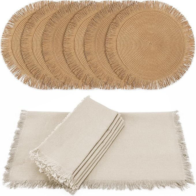 Decorative Boho Table Placemats Set of 6 with Matching Linen-Textured Napkins - Beautiful Natural Decor Elevates Your Dining Room or Kitchen Setting - Easy to Style & Mix with Linen Inspired Material