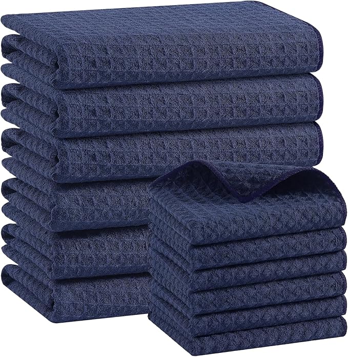 Homaxy Microfiber Waffle Weave Kitchen Towels Set, 16 x 28 Inch and 12 x 12 Inch Ultra Absorbent and Solid Color Dish Towels, 12 Pack, Navy Blue
