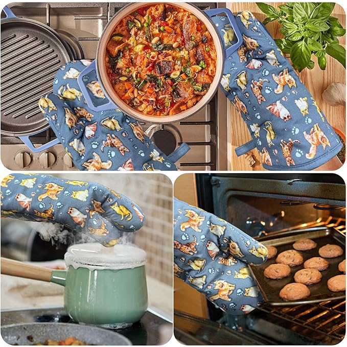 Oven Mitts Gloves 1 Pair Heat Resistant 480 ℉ Non Slip Clear Silicone Printed Cat Comfortable Cotton Lining Kitchen Men Cooking Barbecue Machine Washable (Cat, Grey Mitts)