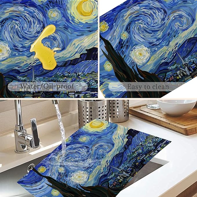 Starry Night Placemats Set of 6,Washable Heat Resistant 12×18 Inch Linen Table Mats,Place Mats for Party Outdoor Dining Décor