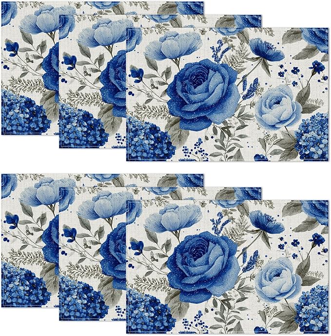 Blue Flowers Placemats Set of 6,12 x 18 Inch Table Mats Washable Heat Resistant Linen Fabric Rectangle Place Mat for Party Home Kitchen Dining