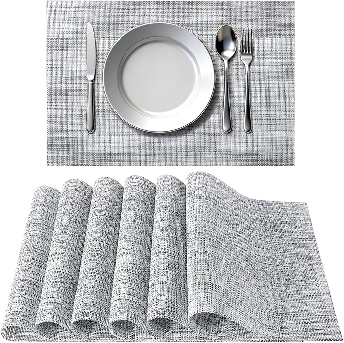 Timeet Placemats Set of 6, Heat Resistant Non-Slip Place Mats for Dining Table, Durable Washable PVC Vinyl Woven Table Mats, Linen Textured Placemats for Kitchen Resistant Easy to Clean(Gray