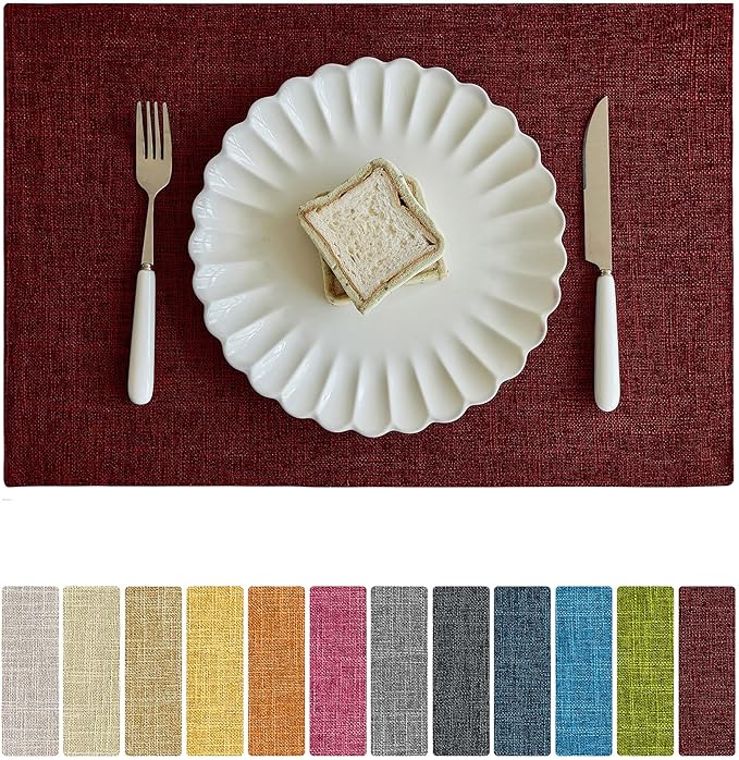Softalker Faux Linen Placemats Set of 8-12 x 18 Inch, Heat Resistant Double Layered Durable Burlap Farmhouse Place Mats, Non-Slip Washable Rustic Table Mats for Dining, Kitchen, Party（Red