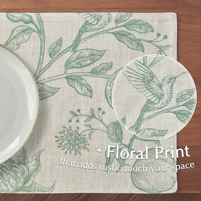 JINCHAN Linen Floral Placemats Set of Cloth Table Mats Rustic Cottagecore Botanical Outdoor Seasonal for Kitchen Dining Decor Heat Resistant Non-Slip Washable Tablemats 13x19 Inch Sage Green