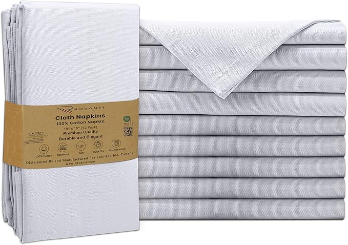 Ruvanti Cloth Napkins Set of 12, 100% Cotton High GSM 18x18 Inches Soft, Washable, Highly Durable & Absorbent, Perfect for Parties, Christmas, Thanksgiving Dinners – White