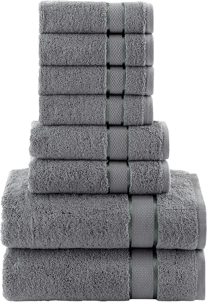 Elegant Comfort Premium Cotton 8-Piece Towel Set, Includes 4 Washcloths, 2 Hand Towels and 2 Bath Towels, 100% Turkish Cotton - Highly Absorbent and Super Soft Towels for Bathroom, Grey
