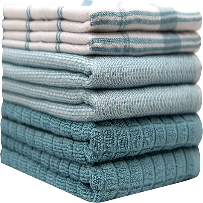 Premium Kitchen Towels (20”x 28”, 6 Pack) | Large Cotton Dish Towels | Flat & Terry Highly Absorbent Kitchen Linen Set with Hanging Loop | Teal Check