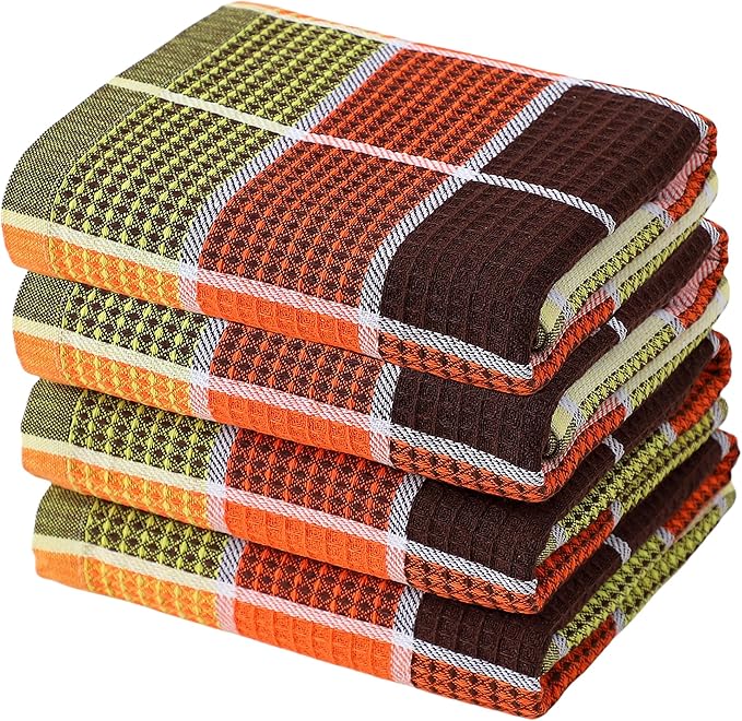 Bright Large Kitchen Towels, 4-Pack, 16 Inch x 26 Inch Buffalo Check Dish Towels for Washing Drying Dishes, Colorful Waffle Design Tea Towel Bar Towel (Orange)