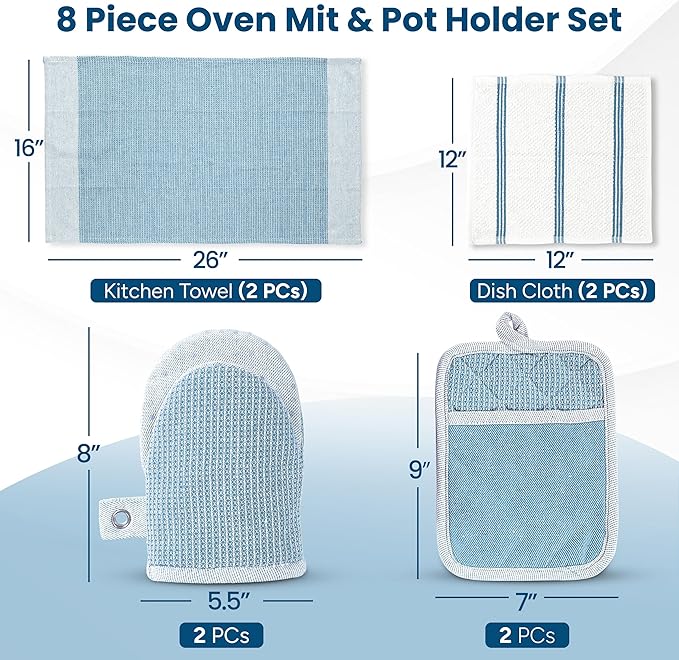 Casa Platino Silicone Oven Mitts Set, 8-Piece – 500°F Heat Resistant Mini Oven Mitt, Potholders for Kitchens, 2 Kitchen Towels & 2 Dish Cloths – Durable, Non-Slip & Machine Washable – Cornflower