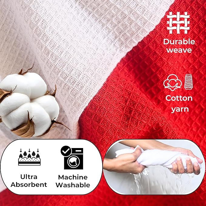 Highly Absorbent Cotton Dish Towels for Drying - Set of 3+3 - Red + White Kitchen Towels - 18"X28" Lint Free Waffle Weave Cloth Linen Hand Bathroom Bulk Dishtowels